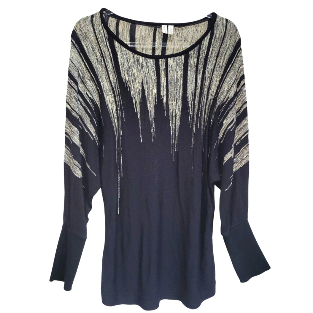 Large MADISON Black Metallic Gold Ombre Long Sleeve Knit Longline Tunic Sweater